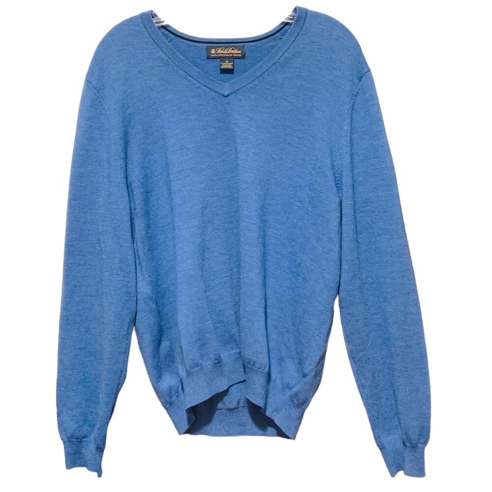 BROOKS BROTHERS M Blue V-Neck Sweater Ex Fine Italian Merino Wool Blend Preppy